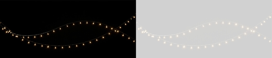 Naklejka premium Golden Garlands. Glowing string light garland overlay on transparent background. PNG Festive illuminated holiday