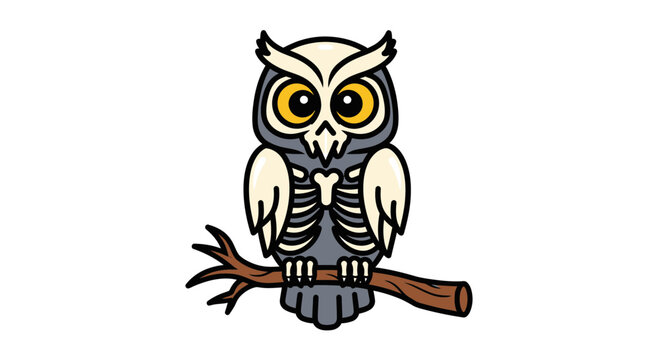 Cartoon skeleton owl illustration perched on a wooden branch.