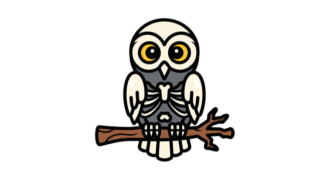 Cartoon owl with skeleton body sitting on a branch.