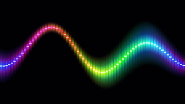 A vibrant rainbow colored digital audio sound wave on a solid black background