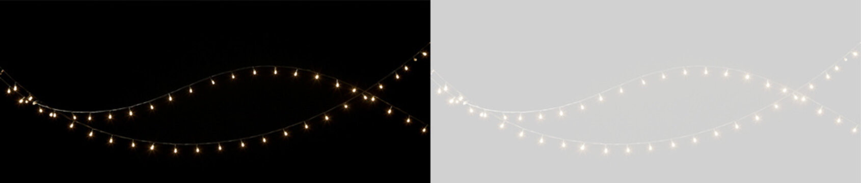 Golden Garlands. Glowing string light garland overlay on transparent background. PNG Festive illuminated holiday