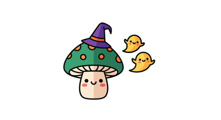 Naklejka premium Cute cartoon mushroom wearing a witch hat with small happy ghosts.