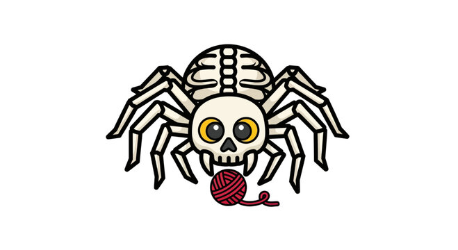 Cute cartoon spider with a human skull head playing with a ball of red yarn.