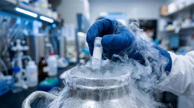 Scientist in blue protective gloves extracting a frozen cryovial from a liquid nitrogen tank in a biotechnology laboratory, cryopreservation of biological samples for medical research and biobanking.