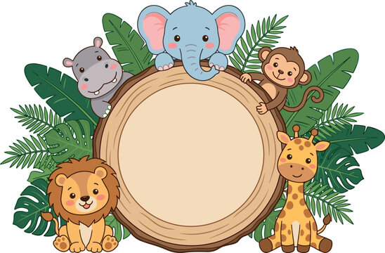 Cute safari animals cartoon vector illustration template featuring a round wooden log frame with lion, giraffe, elephant, monkey, hippo, and jungle leaves