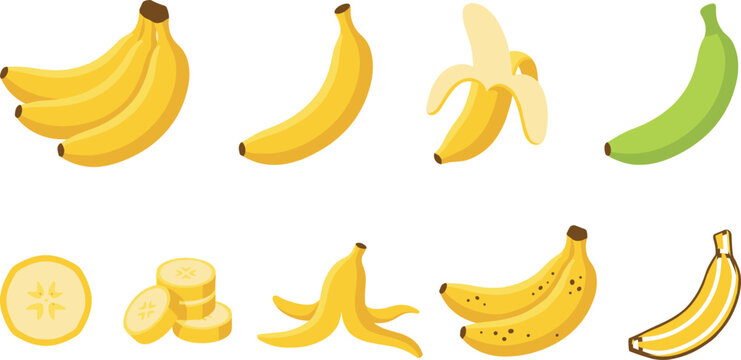 Fresh yellow banana vector collection featuring cartoon fruit bunches, single peeled bananas, green unripened skin, sliced pieces, and a slippery peel