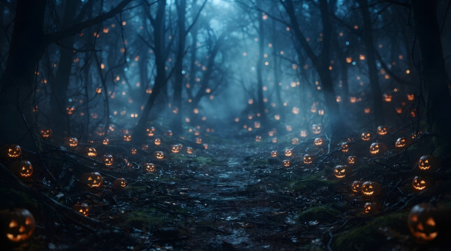 Fantasy dark night forest background with pumpkins