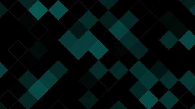Teal square grid pixel pattern flashing dynamically, abstract cyan mosaic block flickering background animation, modern digital cyber tech tile loop graphic element on black background. 4k video