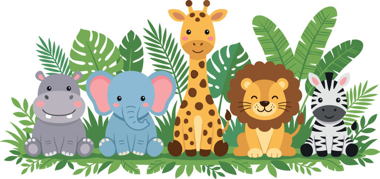 Cute safari animals cartoon vector illustration banner featuring friendly lion, giraffe, elephant, zebra, hippo, and lush tropical jungle foliage background