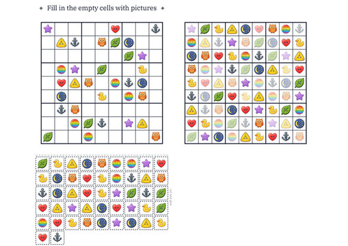 A game featuring button images in a Sudoku‑style format, with a sheet containing the answers and pictures that need to be cut out.