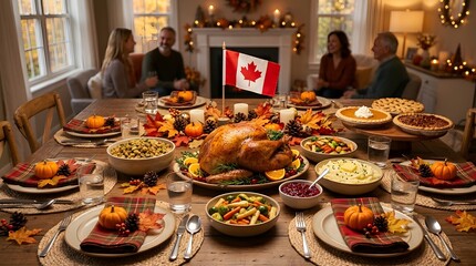 Fototapeta premium A warm and inviting thanksgiving feast is beautifully displayed showcasing a long table laden with delicious food and a cozy family gathering