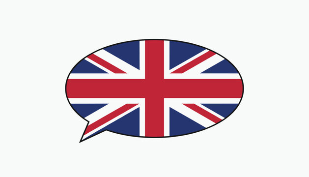 Speech bubble icon featuring the flag of the United Kingdom representing english language learning and communication.
