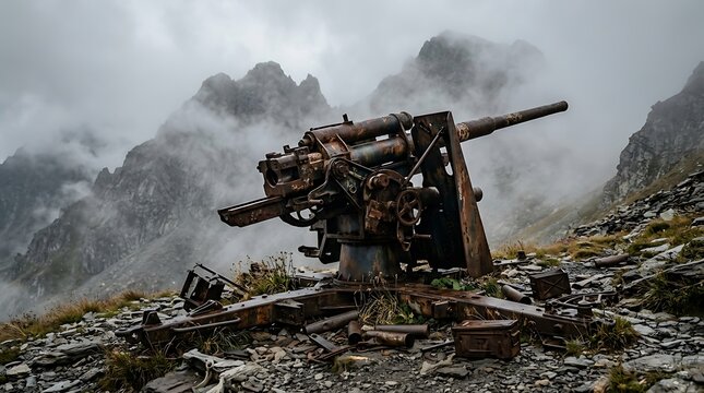 Abandoned rusty anti-aircraft artillery gun positioned on a rocky mountain slope under a cloudy sky with fog in the background