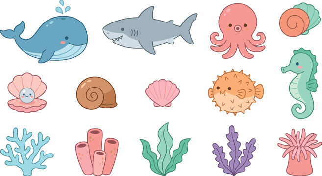 Cute sea animals cartoon vector collection featuring happy whale, shark, octopus, pufferfish, seahorse, colorful ocean coral reefs, seaweeds, and underwater shells