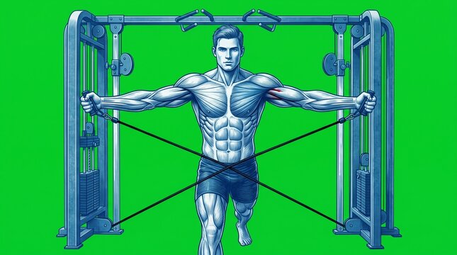 Muscular man performing cable crossover exercise for chest workout in gym