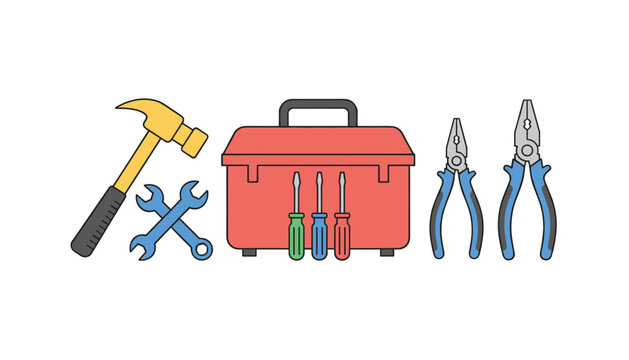 Red toolbox surrounded by hand tools including yellow claw hammer wrenches screwdrivers and blue pliers.