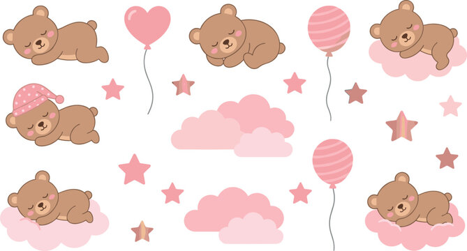 Cute sleeping baby bear vector collection featuring cartoon teddy bears on pink clouds with nightcap, heart balloons, and pastel stars