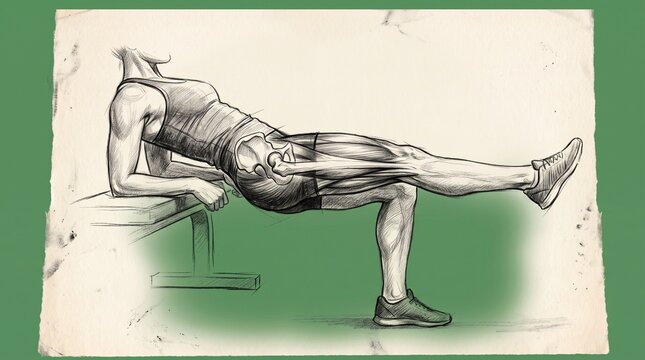 Anatomical illustration of a woman performing a single leg hip thrust exercise on a bench.