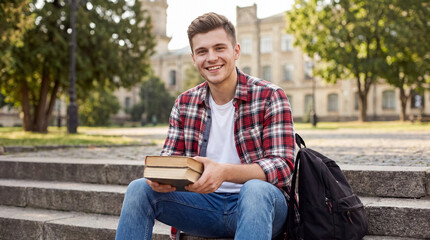 Fototapeta premium Young man sitting on steps outdoors, holding books, wearing casual clothing, with university building and trees in the background