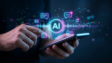 Fototapeta premium Modern technology featuring AI intelligence and machine learning on a smartphone.