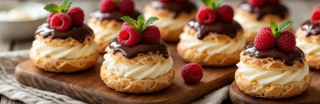 Cream puffs with chocolate glaze and raspberries sit on a wooden board. Pastries are filled with white cream and topped with mint leaves. Close up view of sweet dessert arrangement.