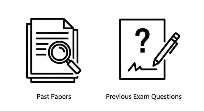 Past papers document stack with magnifying glass and exam questions with pen