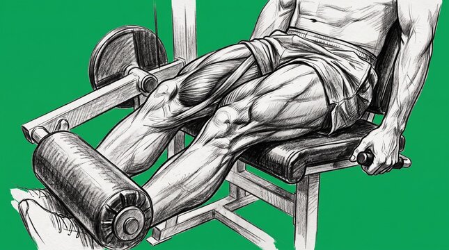 Muscular man performing leg extension exercise on gym machine for quad muscle growth