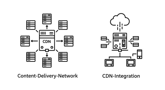 Black line icons showing content delivery network architecture and cdn
