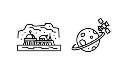 Fototapeta premium Space base and planet with satellite astronomy line vector icons