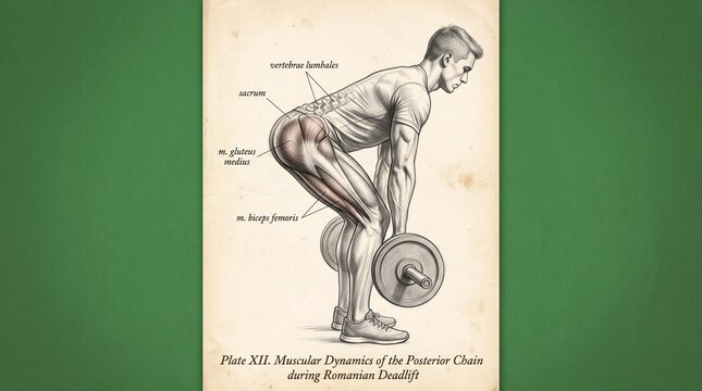 Anatomical illustration of a man performing a Romanian deadlift with barbell exercise form.