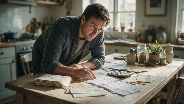 Man leans over cluttered table, eyes focused. Hands trace papers, calculator nearby. Kitchen backdrop, warm sunlight streaming. He appears tired, deeply concentrated. Ideal for financial struggles