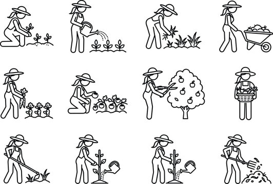 Woman gardener gardening icons set planting watering weeding harvest tree pruner wheelbarrow line art vector illustration.