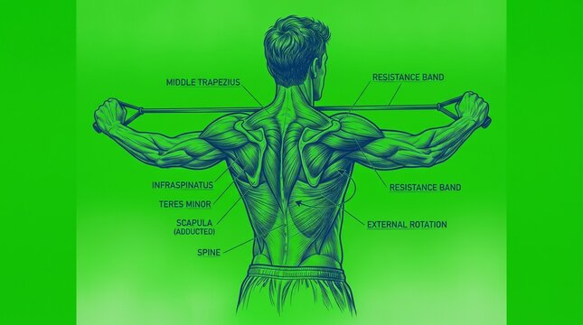 Anatomical illustration of a man performing resistance band back exercises for muscle growth.