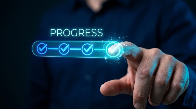 Progress bar concept showing completion status update with check marks and a finger.