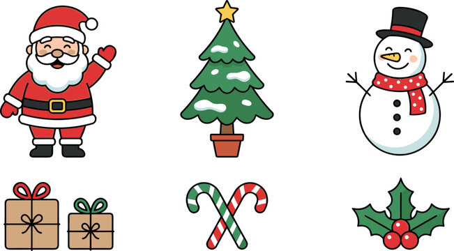 Christmas holiday marketing vector elements pack with cartoon waving Santa Claus, decorated pine tree, cheerful snowman, and traditional festive presents