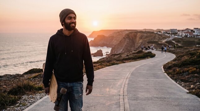 Young man wearing hoodie holding a skateboard walking along a scenic coastal road at sunset.