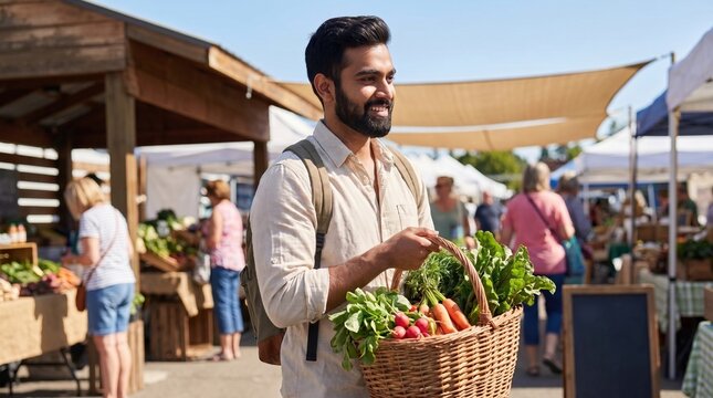 Smiling young man wearing a backpack holding a wicker basket filled with fresh vegetables and carrots at an outdoor farmers market.