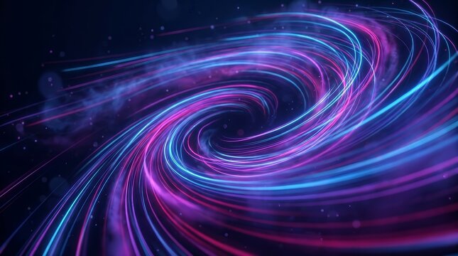 Abstract motion of neon light trails in blue and purple colors swirling through dark space.