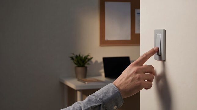 hand pressing a light switch on a wall to turn on or off the light in an office room with a desk in the background.