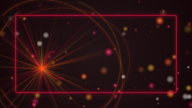 Abstract dark background with glowing red light streaks and circular bokeh particles in a rectangular frame