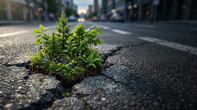 Small green patch of trees, plants, and wild flowers growing out of a crack in a cracked asphalt city street with blurred traffic.