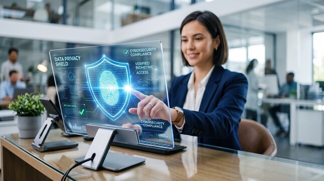 Businesswoman touching a futuristic transparent hologram screen with data privacy shield and biometric fingerprint security in a modern office.