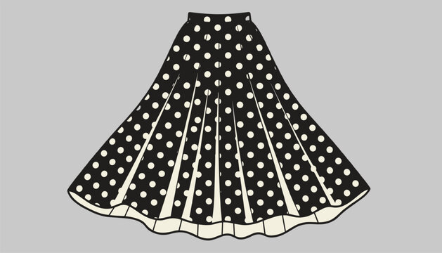 Vintage style black high-waisted pleated midi skirt with white polka dots pattern, isolated on a solid gray background.