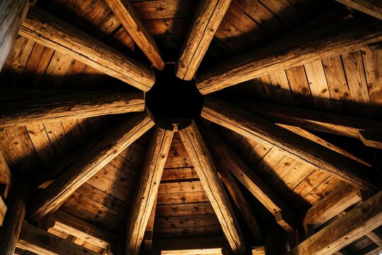 Wooden structure detail. Timber roof beams radiate from center in gazebo interior. Natural wood plank ceiling shows grain patterns and shadows.