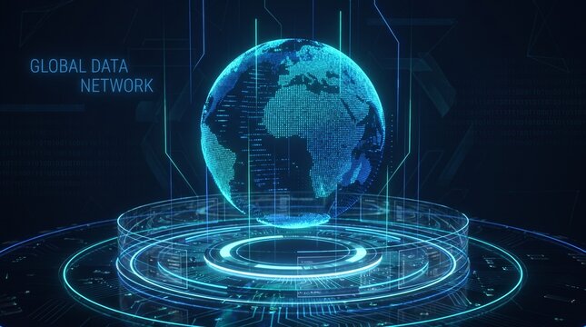 Glowing digital globe hologram floating above a futuristic interface for global data network communication.