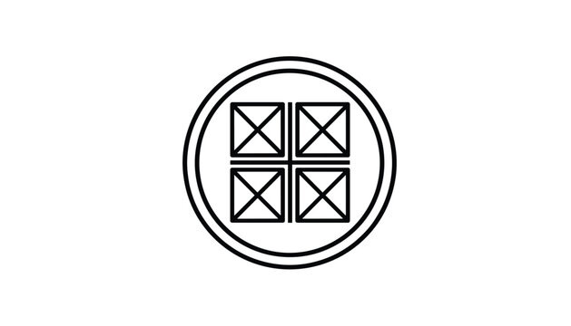 Minimalist black line icon representing a square window divided into four sections inside a double circle frame.