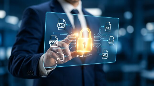 Robust data security for digital documents represented by a businessman using a holographic padlock.