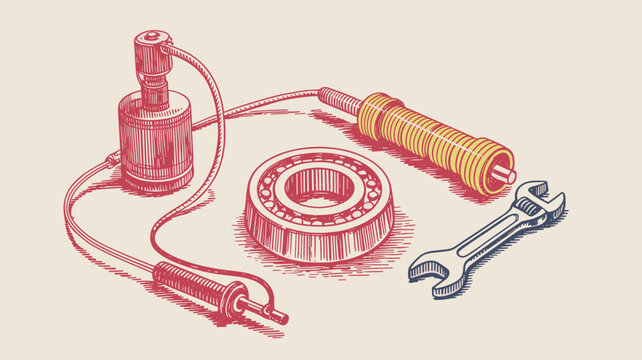 Artistic rendering of mechanical repair tools including a ball bearing, a wrench, and an electrical sensor or actuator component with wiring