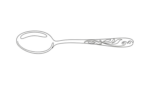 Delicate silver spoon with beautiful ornamental floral engraving on the handle in simple continuous line art style.