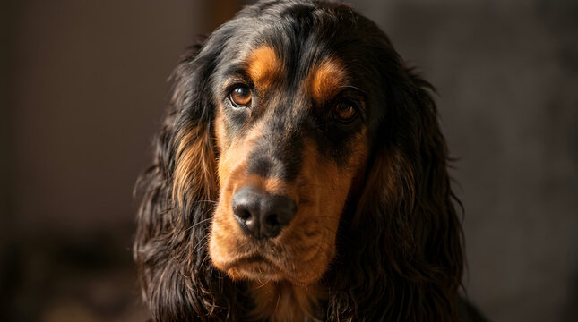 Close up portrait of a long haired dog with expressive eyes